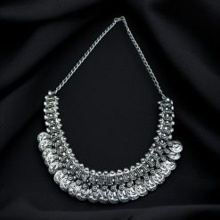 Silver Plated Oxidized Ganesha Coin Choker Necklace with antique finish and intricate detailing.