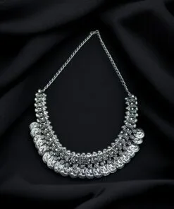 Silver Plated Oxidized Ganesha Coin Choker Necklace with antique finish and intricate detailing.