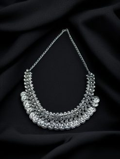 Silver Plated Oxidized Ganesha Coin Choker Necklace with antique finish and intricate detailing.