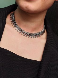 Handcrafted Silver Plated Heart Choker Necklace with an oxidized finish and boho ethnic design.
