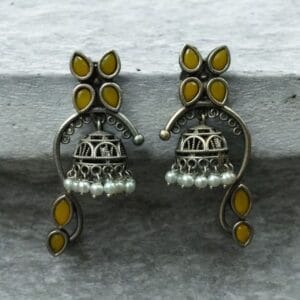 Unique Oxidised Jhumki Earring | Silver Look aLike Jhumka - Color: "Yellow"