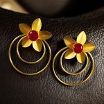 Designer Half-Circle Flower Earrings – Beautiful Gold Plated Leaf & Stone Jewelry - "Red"