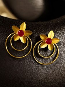 Designer Half-Circle Flower Earrings – Beautiful Gold Plated Leaf & Stone Jewelry - color: "Red"