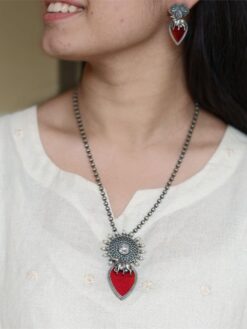 Traditional Silver Replica Nandi Necklace set with Monalisa Stone & Pearl Details.