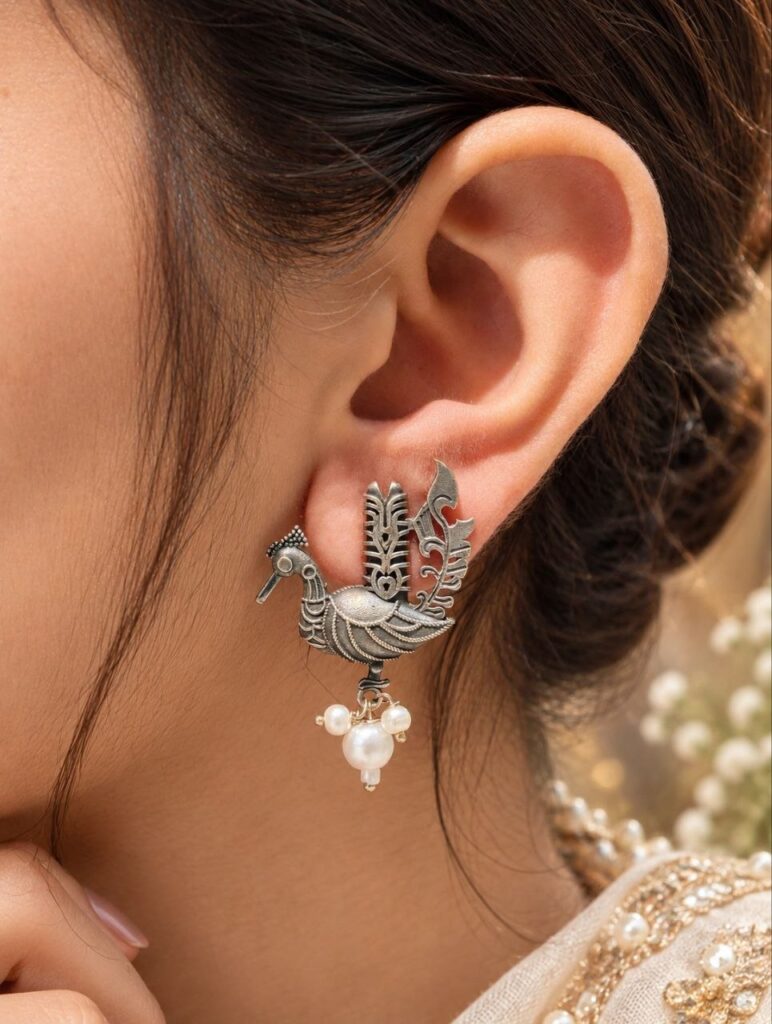 Ethnic Oxidized Peacock Stud Earrings in Silver Beautiful Look-Alike Design