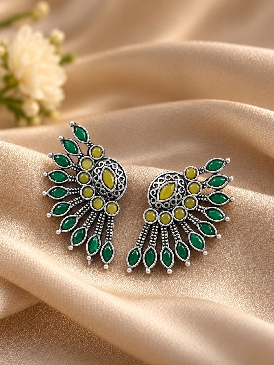 Handcrafted Ancient Feather Style Earrings | Silver Replica Wings Best Stone Work 11 Handcrafted ancient feather style earrings with silver replica wings and intricate stone work.