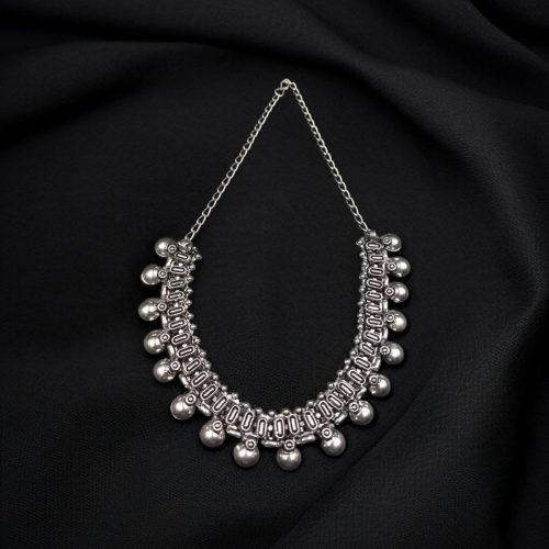 Oxidized Silver Plated Choker Necklace with Vintage-Inspired Design.