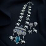 Antique-Style Oxidized Silver Nandi Necklace with Monalisa Stone – Best Traditional Outfits - "Blue"