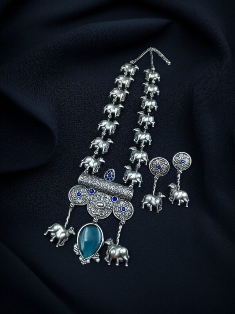 Bulk 896 Antique-Style Oxidized Silver Nandi Necklace with Monalisa Stone – Best Traditional Outfits - "Blue"