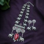 Antique-Style Oxidized Silver Nandi Necklace with Monalisa Stone – Best Traditional Outfits - "Red"