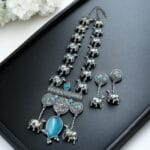 Antique-Style Oxidized Silver Nandi Necklace with Monalisa Stone – Best Traditional Outfits - "Aqua"