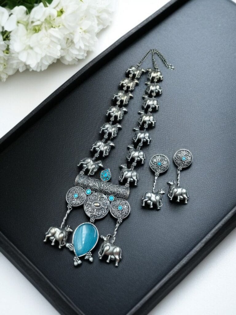 Bulk 890 Antique-Style Oxidized Silver Nandi Necklace with Monalisa Stone – Best Traditional Outfits - "Aqua"