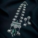 Antique-Style Oxidized Silver Nandi Necklace with Monalisa Stone – Best Traditional Outfits - "Green"