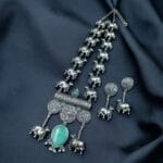 Antique-Style Oxidized Silver Nandi Necklace with Monalisa Stone – Best Traditional Outfits - "Mint"