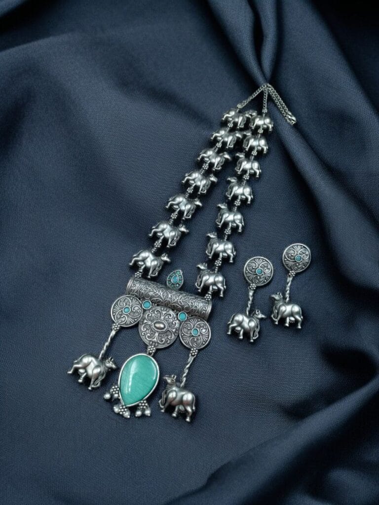 Bulk 882 Antique-Style Oxidized Silver Nandi Necklace with Monalisa Stone – Best Traditional Outfits - "Mint"