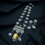 Antique-Style Oxidized Silver Nandi Necklace with Monalisa Stone – Best Traditional Outfits - "Yellow"