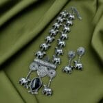 Antique-Style Oxidized Silver Nandi Necklace with Monalisa Stone – Best Traditional Outfits - "Black"
