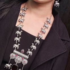 Antique oxidized silver Nandi necklace with Monalisa stone.