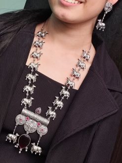 Antique oxidized silver Nandi necklace with Monalisa stone.