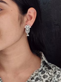 Handcrafted Oxidized Goddess Durga Stud Earrings with Pearl Detailing – Traditional and Spiritual Jewelry for Women.