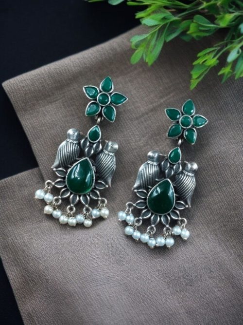 Graceful Monalisa Stone Bird Dangler Earrings with pearl accents – perfect for ethnic and daily wear.
