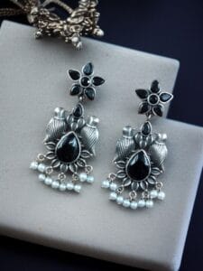 Graceful Monalisa Stone Bird Dangler Earrings – Ethnic & Daily Wear Jewelry - color: "Black"