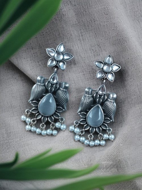Graceful Monalisa Stone Bird Dangler Earrings with pearl accents – perfect for ethnic and daily wear.