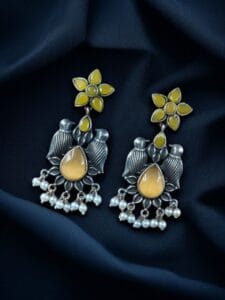 Graceful Monalisa Stone Bird Dangler Earrings – Ethnic & Daily Wear Jewelry - color: "Yellow"