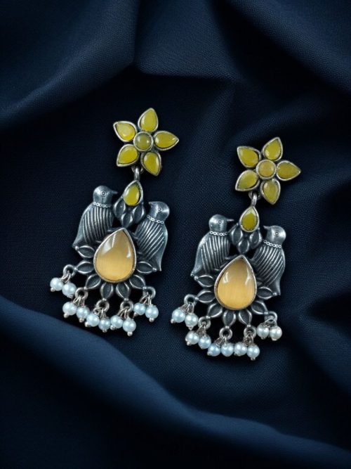 Graceful Monalisa Stone Bird Dangler Earrings with pearl accents – perfect for ethnic and daily wear.