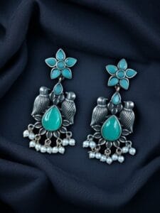 Graceful Monalisa Stone Bird Dangler Earrings – Ethnic & Daily Wear Jewelry - color: "Aqua"
