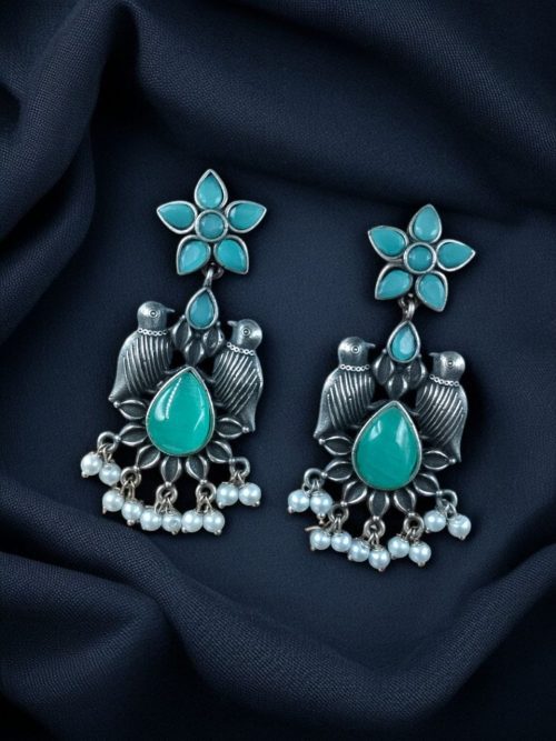 Graceful Monalisa Stone Bird Dangler Earrings with pearl accents – perfect for ethnic and daily wear.