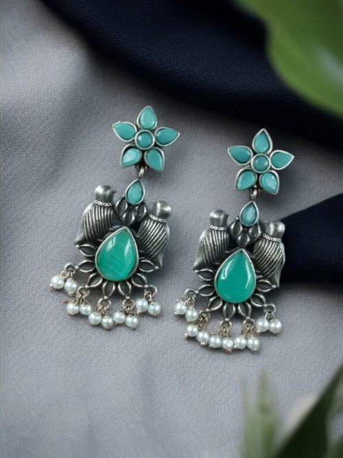 Graceful Monalisa Stone Bird Dangler Earrings with pearl accents – perfect for ethnic and daily wear.