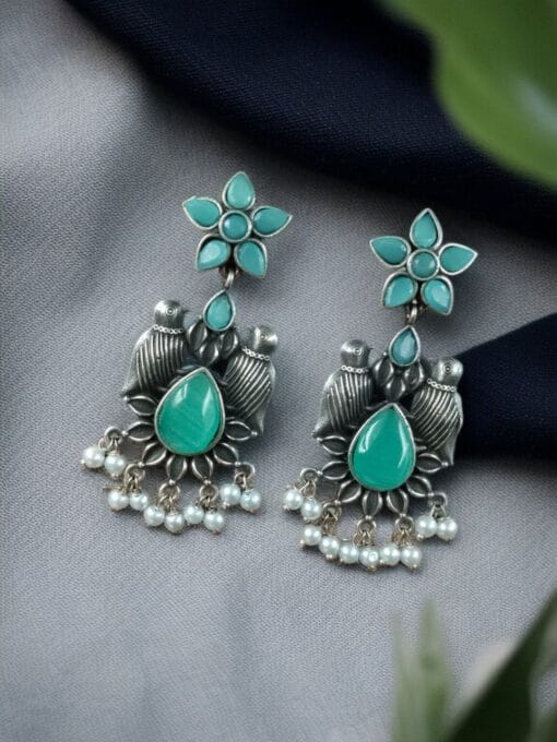 Graceful Monalisa Stone Bird Dangler Earrings with pearl accents – perfect for ethnic and daily wear.