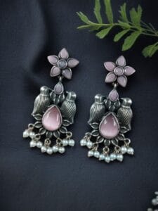 Graceful Monalisa Stone Bird Dangler Earrings – Ethnic & Daily Wear Jewelry - color: "Baby Pink"