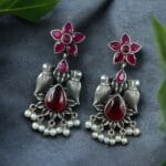 Graceful Monalisa Stone Bird Dangler Earrings – Ethnic & Daily Wear Jewelry - "Red"