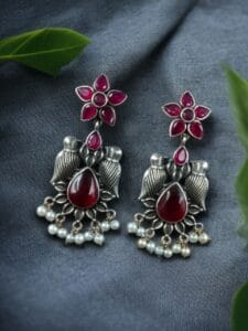 Graceful Monalisa Stone Bird Dangler Earrings – Ethnic & Daily Wear Jewelry - color: "Red"