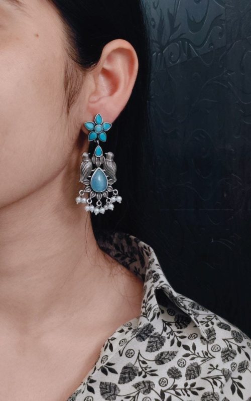 Graceful Monalisa Stone Bird Dangler Earrings with pearl accents – perfect for ethnic and daily wear.