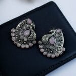 Handcrafted Silver Plated Peacock Stud Earrings with Intricate Beautiful Stone Work - "Baby Pink"