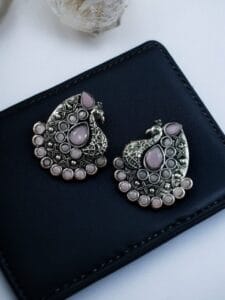 Handcrafted Silver Plated Peacock Stud Earrings with Intricate Beautiful Stone Work - color: "Baby Pink"