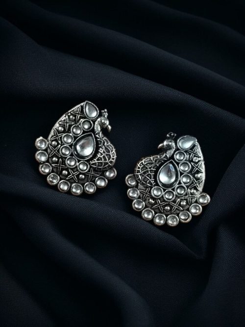 Handcrafted Silver Plated Peacock Stud Earrings with Intricate Stone Work – Elegant Ethnic Jewelry for Women.