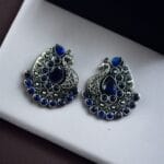 Handcrafted Silver Plated Peacock Stud Earrings with Intricate Beautiful Stone Work - "Blue"