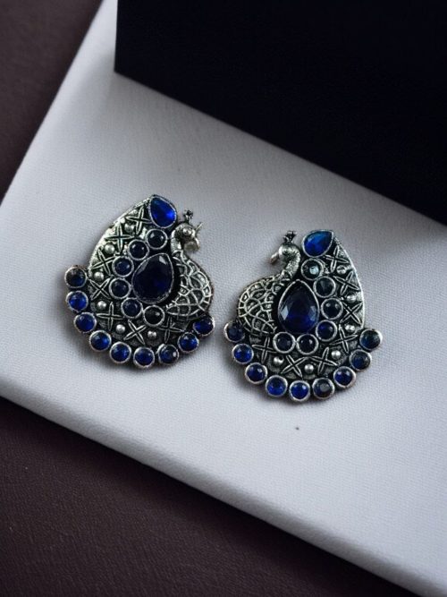 Handcrafted Silver Plated Peacock Stud Earrings with Intricate Stone Work – Elegant Ethnic Jewelry for Women.