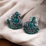 Handcrafted Silver Plated Peacock Stud Earrings with Intricate Beautiful Stone Work - "Green"