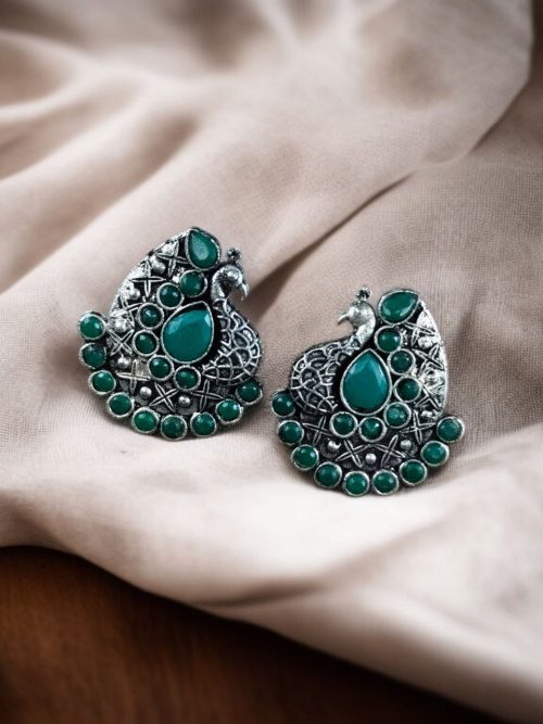 Handcrafted Silver Plated Peacock Stud Earrings with Intricate Stone Work – Elegant Ethnic Jewelry for Women.