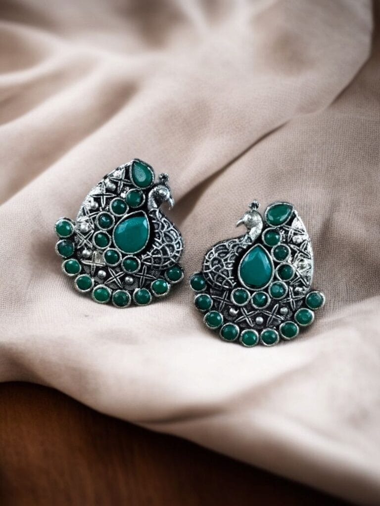 Bulk 848 Handcrafted Silver Plated Peacock Stud Earrings with Intricate Beautiful Stone Work - "Green"