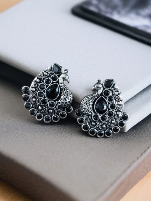 Handcrafted Silver Plated Peacock Stud Earrings with Intricate Stone Work – Elegant Ethnic Jewelry for Women.