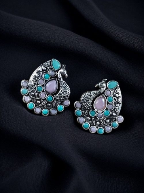 Handcrafted Silver Plated Peacock Stud Earrings with Intricate Stone Work – Elegant Ethnic Jewelry for Women.