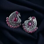 Handcrafted Silver Plated Peacock Stud Earrings with Intricate Beautiful Stone Work - "Red"