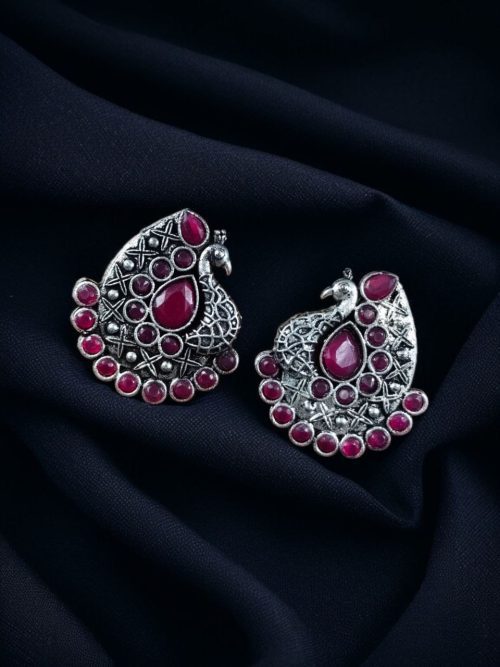 Handcrafted Silver Plated Peacock Stud Earrings with Intricate Stone Work – Elegant Ethnic Jewelry for Women.