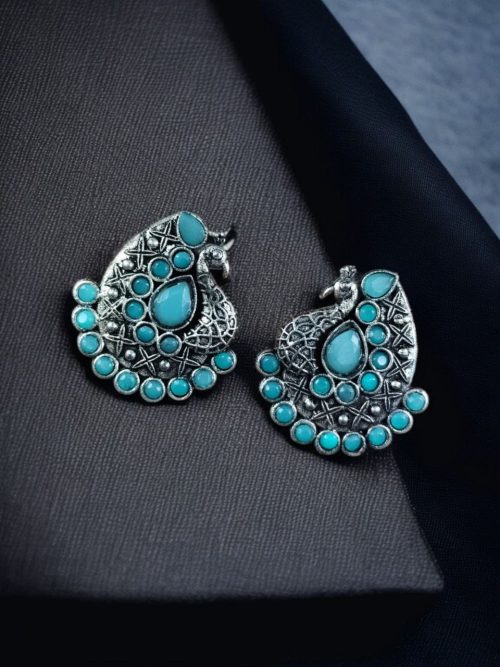 Handcrafted Silver Plated Peacock Stud Earrings with Intricate Stone Work – Elegant Ethnic Jewelry for Women.